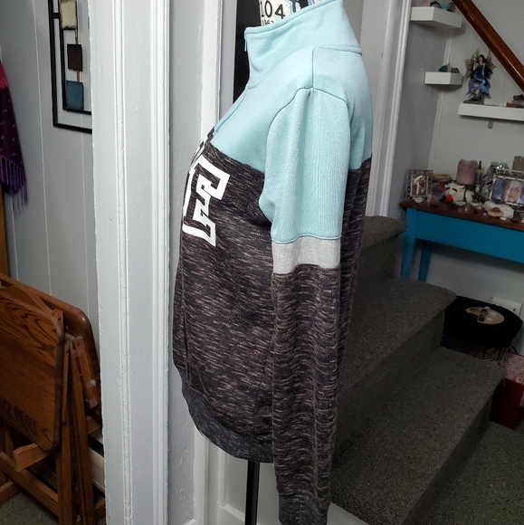 TEAL, WHITE, & BLACK & BROWN BLENDED PULLOVER "LOVE" 1/4 ZIP PULLOVER SWEATSHIRT - Picture 7 of 15